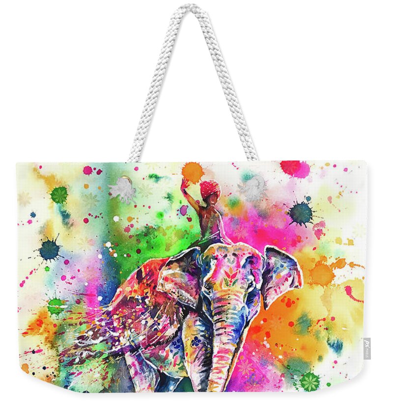 Holi Weekender Tote Bag featuring the painting Holi Decorated Indian Elephant by Zaira Dzhaubaeva