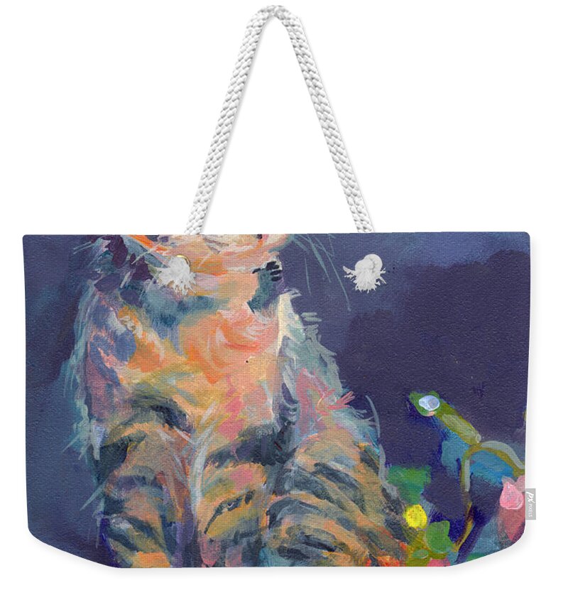 Gray Tabby Weekender Tote Bag featuring the painting Holiday Lights by Kimberly Santini