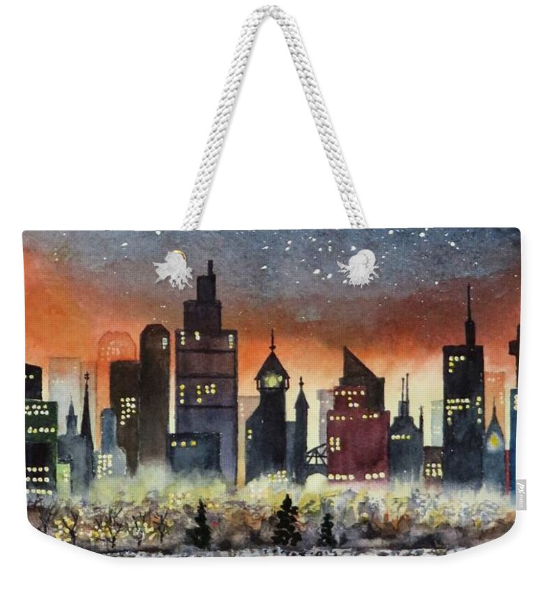 Watercolor Weekender Tote Bag featuring the painting Holiday Skyline by Joseph Burger
