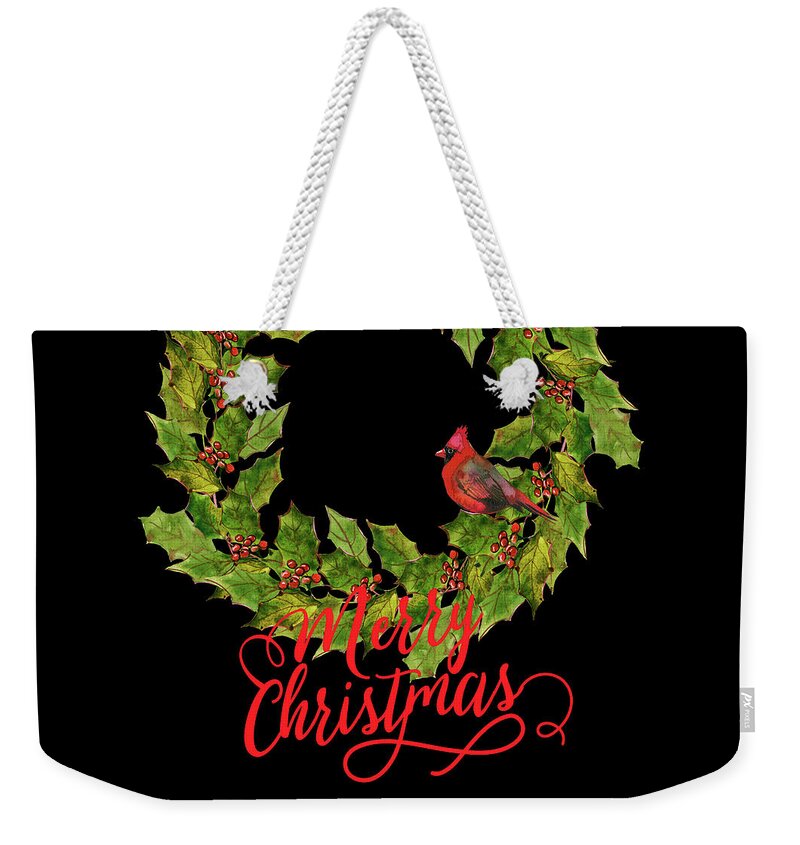 Wreath Weekender Tote Bag featuring the digital art Holly Christmas Wreath And Cardinal by HH Photography of Florida