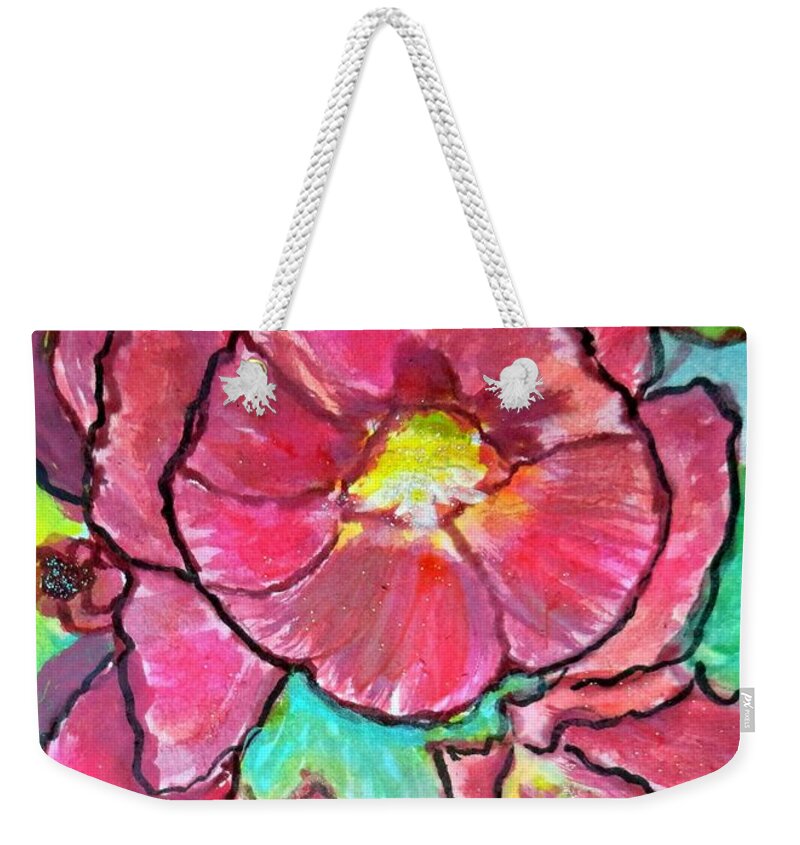 Hollyhock Flowers Pink Colorful Weekender Tote Bag featuring the painting Hollyhocks abstract by Anne Sands