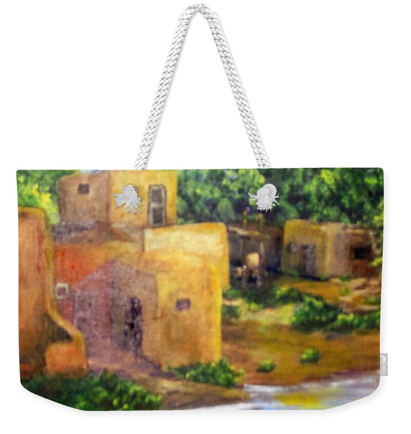 Pueblo Weekender Tote Bag featuring the painting Hometown by Saundra Johnson
