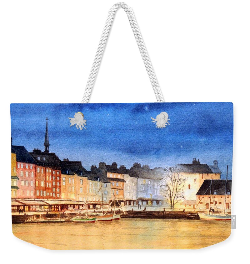 Honfleur Weekender Tote Bag featuring the painting Honfleur Evening Lights by Bill Holkham