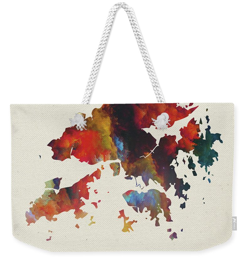 Hong Kong Weekender Tote Bag featuring the mixed media Hong Kong Watercolor Map by Design Turnpike