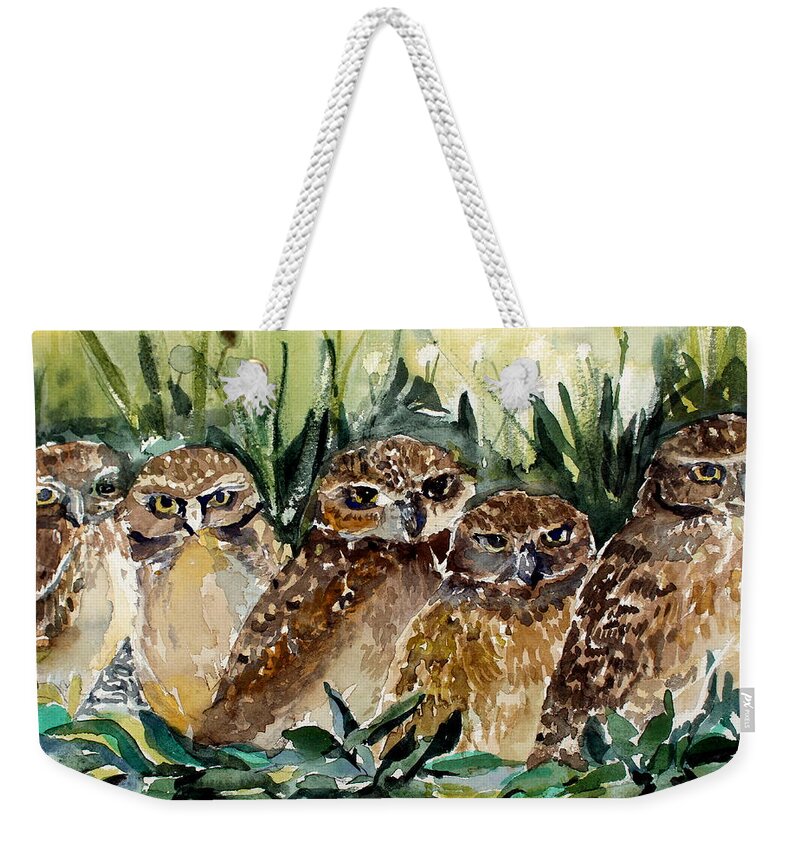 Owls Weekender Tote Bag featuring the painting Hoo is Looking at Me? by Mindy Newman