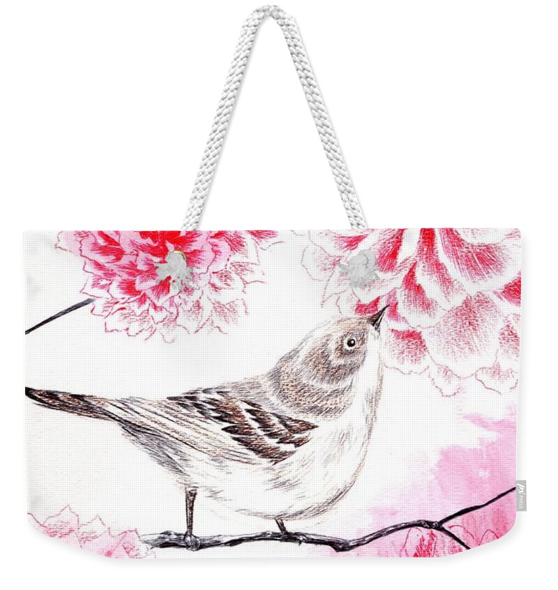 Bird Weekender Tote Bag featuring the drawing Hop to It by Alice Chen