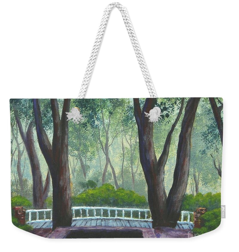 Landscape Weekender Tote Bag featuring the painting Hopeland Gardens Pool by Jerry Walker