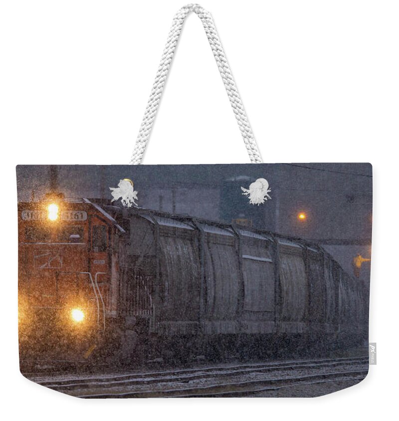 Railroad Weekender Tote Bag featuring the photograph Hopper cars being unloaded by Garry McMichael