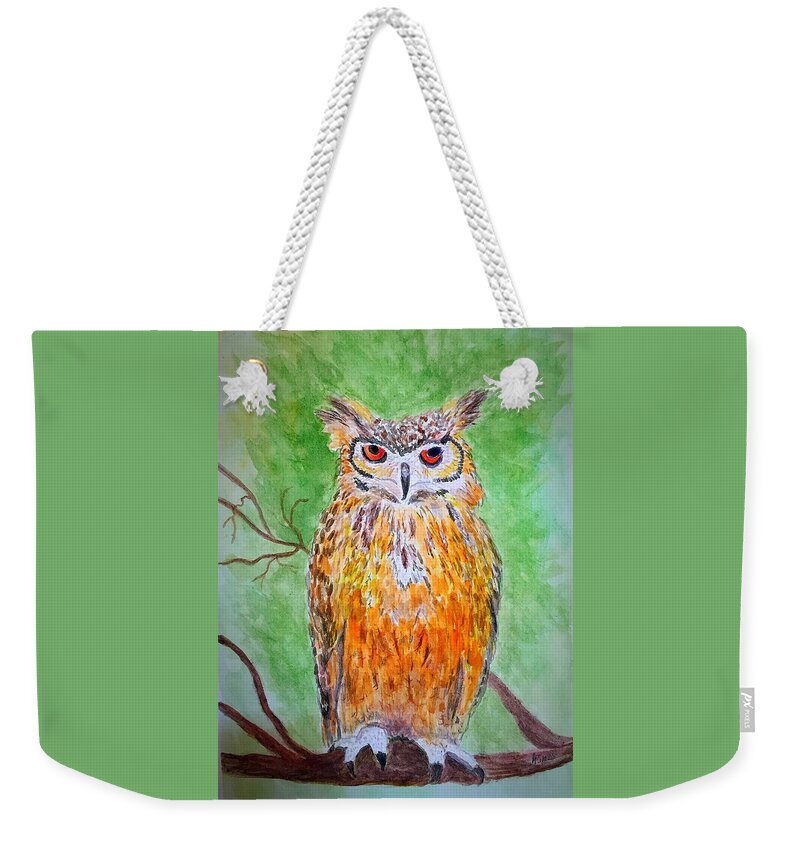 Horned Owl Weekender Tote Bag featuring the painting Horned Owl by Anne Sands