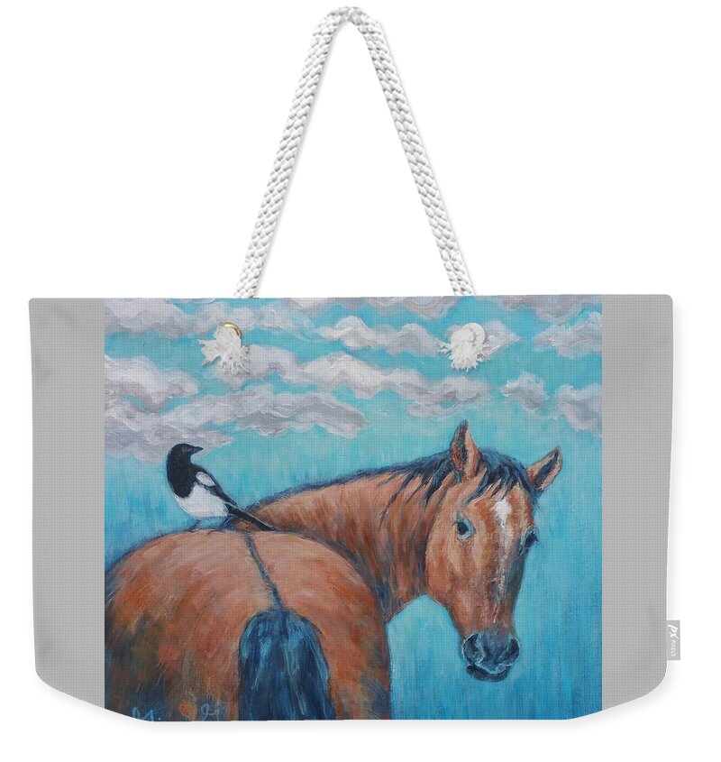 Horse Painting Weekender Tote Bag featuring the painting Horse and Magpie by Gina Grundemann