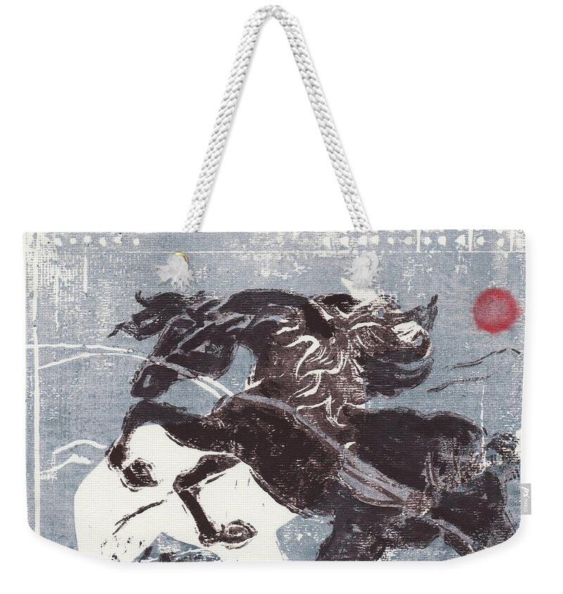 Horse Weekender Tote Bag featuring the mixed media Horse and red sun by Mary Armstrong