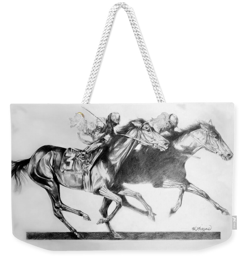 Horse Weekender Tote Bag featuring the drawing Horse Race by Derrick Higgins
