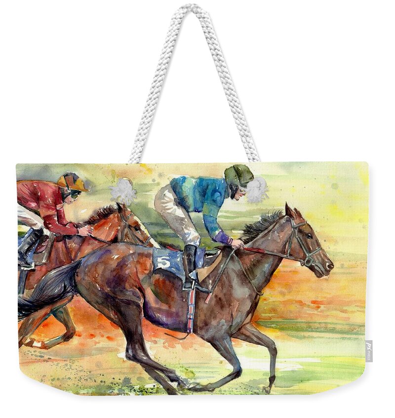 Horse Weekender Tote Bag featuring the painting Horse Races by Suzann Sines