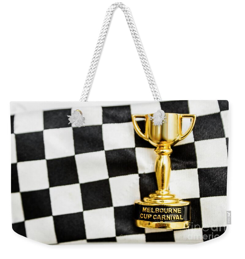 Great Weekender Tote Bag featuring the photograph Horse races trophy. Melbourne cup win by Jorgo Photography
