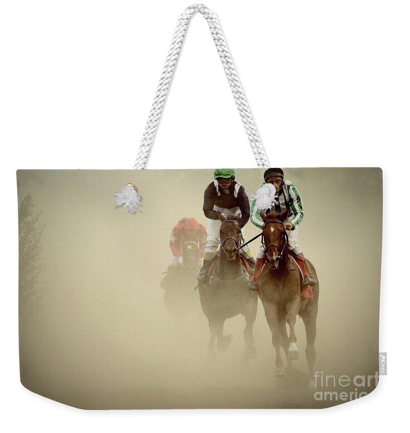 Horse Weekender Tote Bag featuring the photograph Horse Racing in Dust by Dimitar Hristov