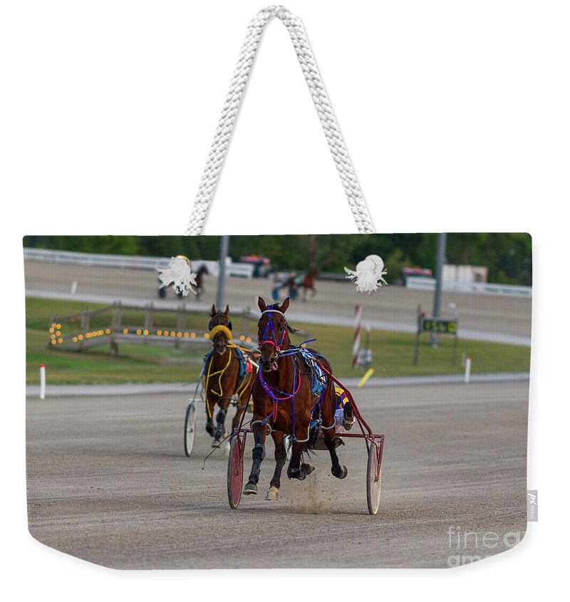 Race Weekender Tote Bag featuring the photograph Horse trotting with all four feet in the air by Les Palenik