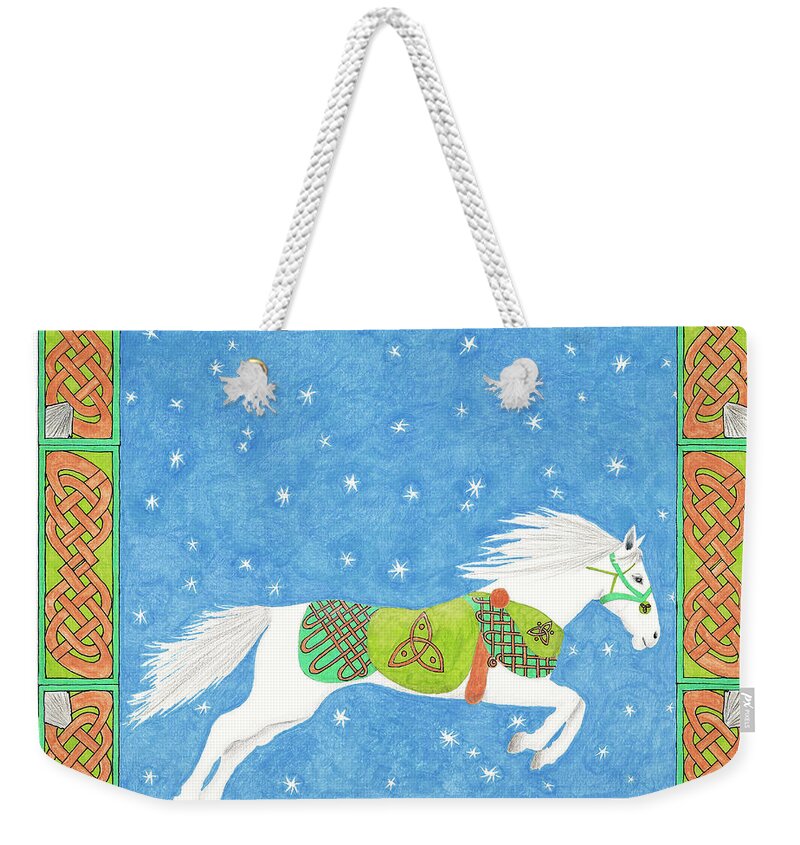 Lise Winne Weekender Tote Bag featuring the drawing Horse with Celtic Knots Saratoga Faire CD Cover Illustration by Lise Winne
