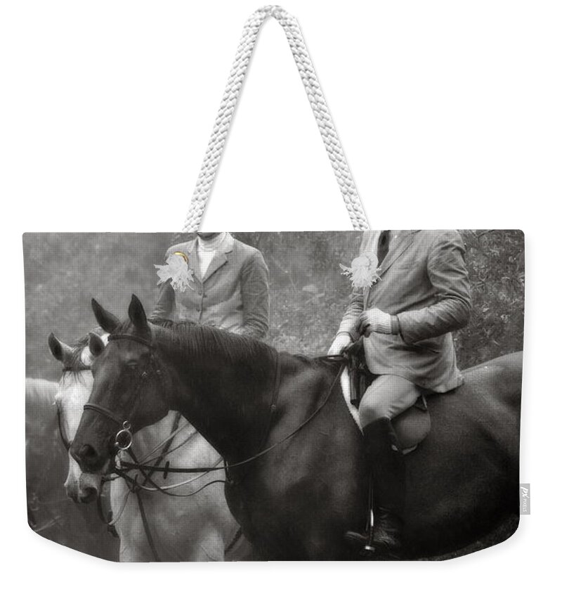 Weekender Tote Bag featuring the photograph Horses and Hounds 2 in Black and White by Angela Rath