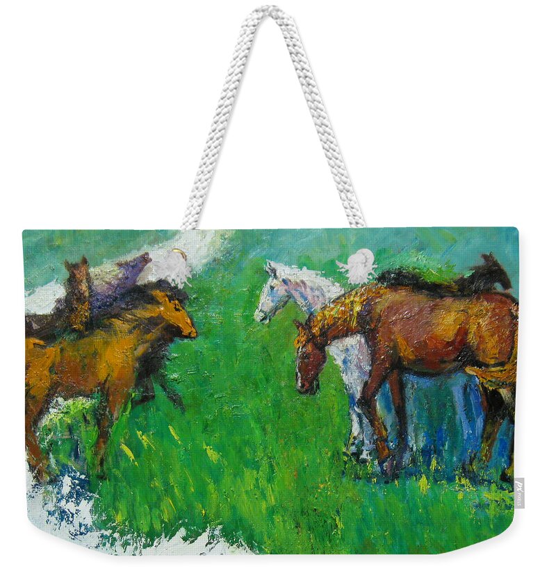 Horses Weekender Tote Bag featuring the painting Horses by Guanyu Shi