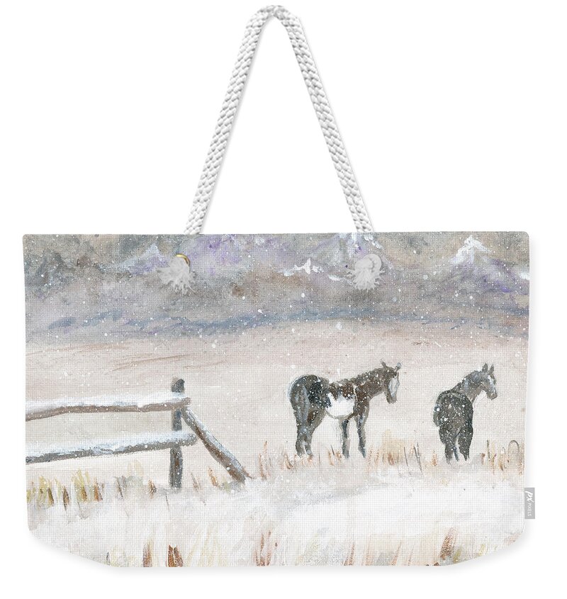 Horses Weekender Tote Bag featuring the painting Horses in Snow by Sheila Johns