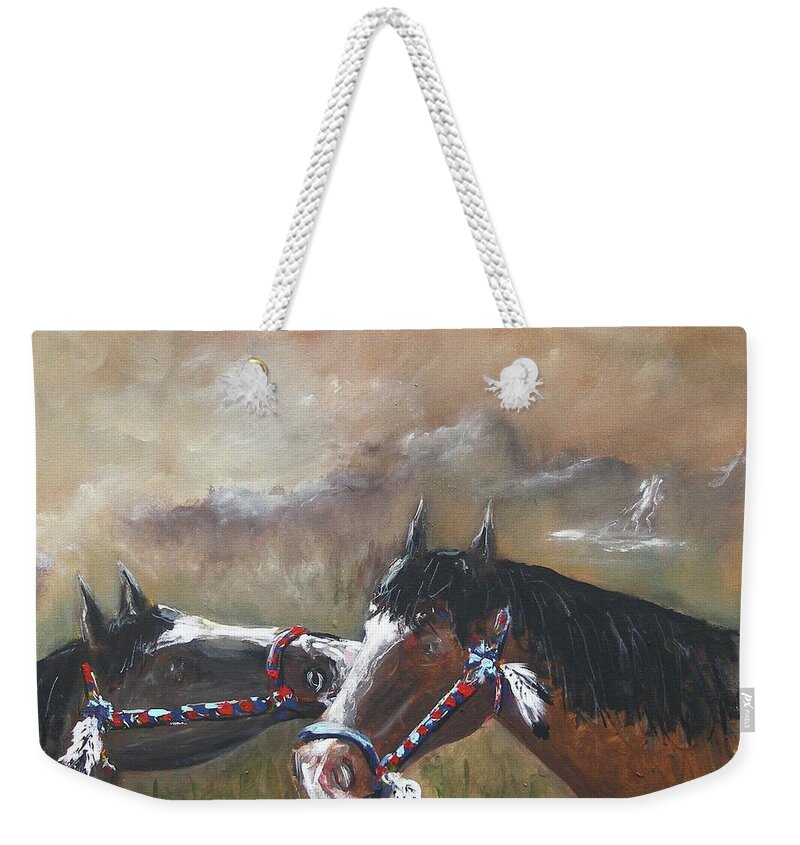 Acrylic On Canvas Painting Print American Indian Horses Native Pair Black Brown Feathers Sky Sunset Mountain Waterfall Clouds Dark Horses Relaxing Happy Horses Playing Horses Grass Green Weekender Tote Bag featuring the painting Horses by Miroslaw Chelchowski