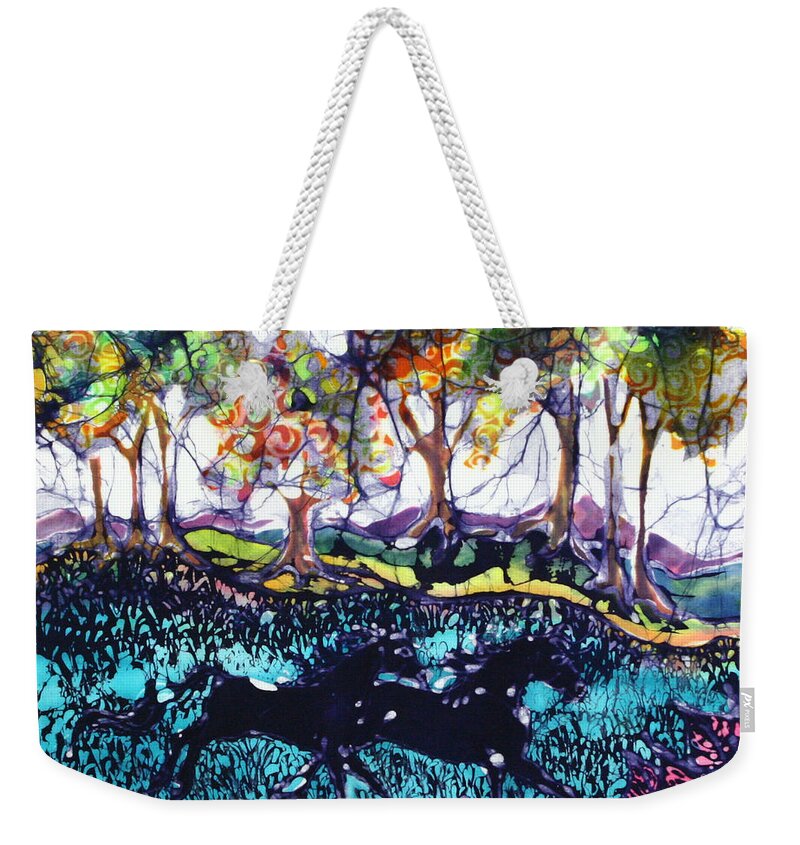 Batik. Horse Weekender Tote Bag featuring the tapestry - textile Horses Running Below Hills by Carol Law Conklin