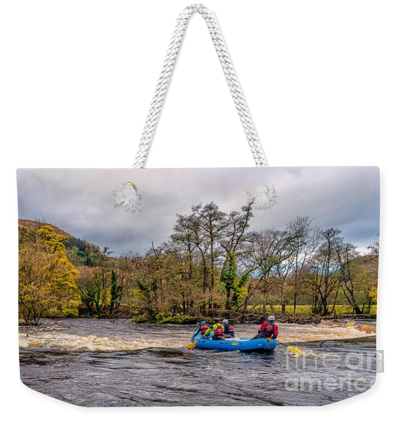 Llantysilio Weekender Tote Bag featuring the photograph Horseshoe Falls Rafting by Adrian Evans