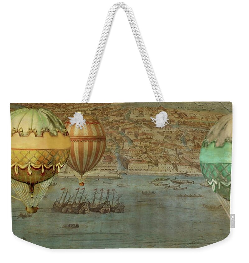 Italy Weekender Tote Bag featuring the digital art Hot Air baloons over Venice by Jeff Burgess