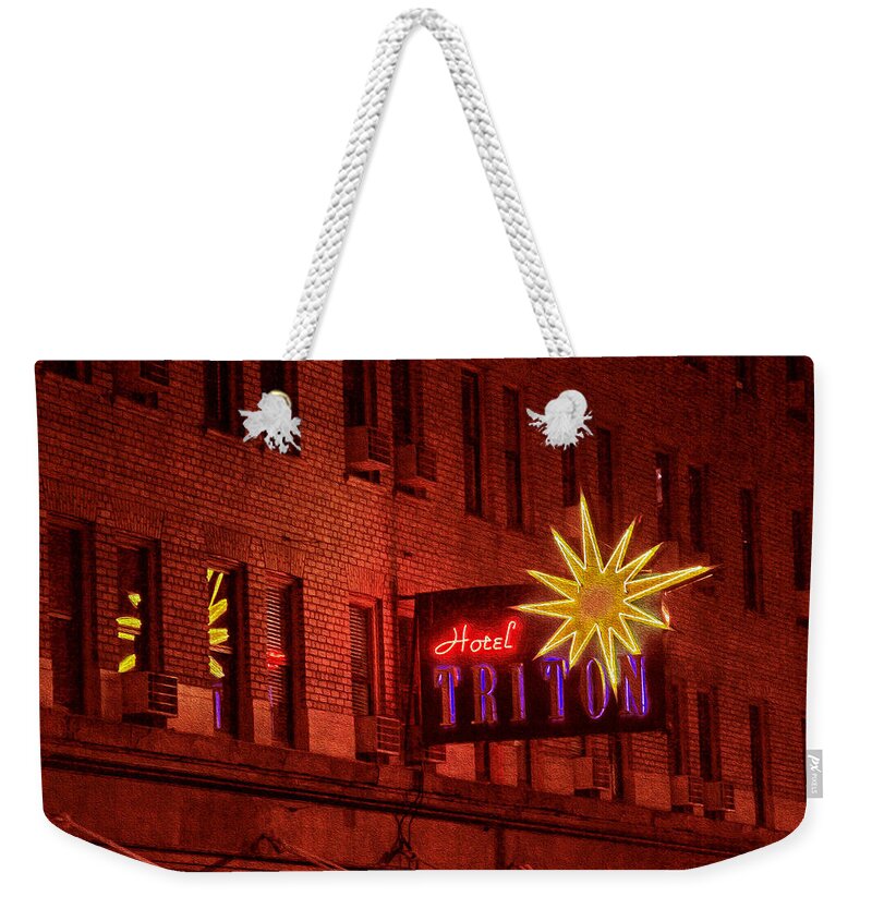 Bonnie Follett Weekender Tote Bag featuring the photograph Hotel Triton Neon Sign by Bonnie Follett