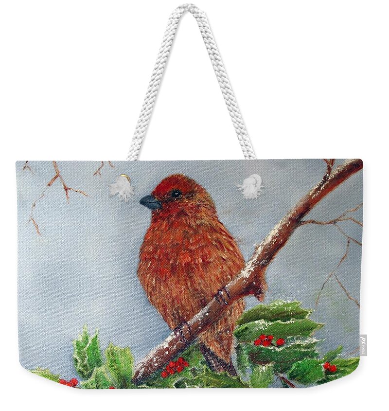Finch Weekender Tote Bag featuring the painting House Finch In Winter by Loretta Luglio