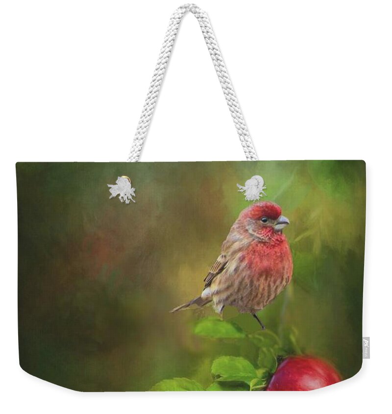 House Finch Weekender Tote Bag featuring the photograph House Finch on Apple Branch by Janette Boyd