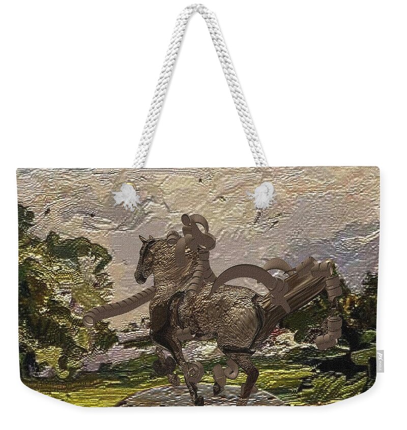 Landscape Weekender Tote Bag featuring the mixed media House Statue in the field by Pemaro