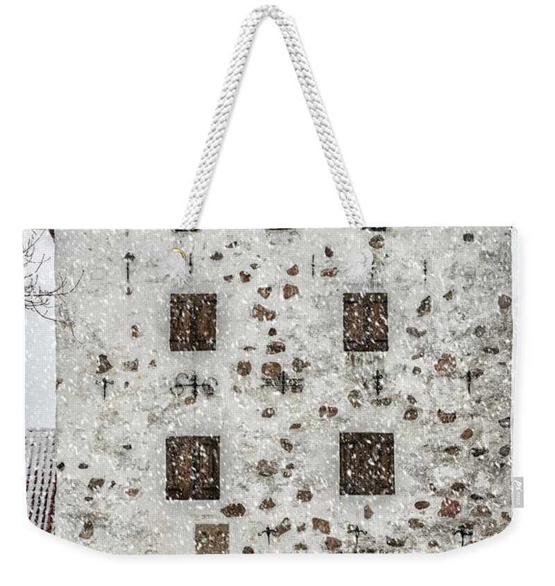 Winter Weekender Tote Bag featuring the photograph Hovdala Slott Gatehouse in Winter by Antony McAulay