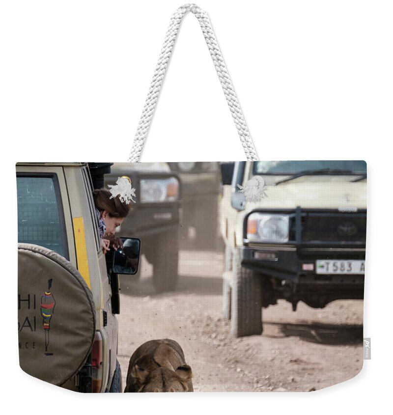 Africa Weekender Tote Bag featuring the photograph How to Find a Lion in the Serengeti by Mary Lee Dereske