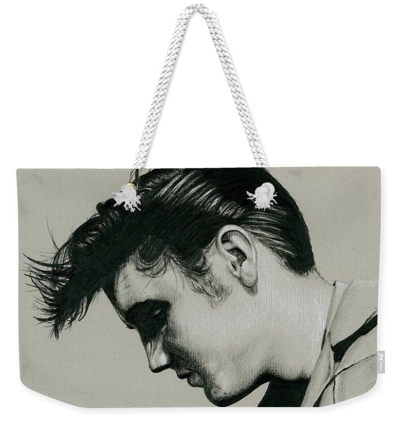 Elvis Weekender Tote Bag featuring the drawing How's the world treating you by Rob De Vries