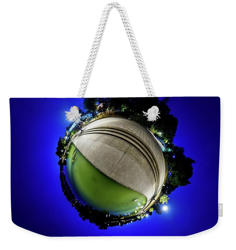 Night Cityscape Weekender Tote Bag featuring the photograph Hoyt Lake at Delaware Park - Tiny Planet by Chris Bordeleau