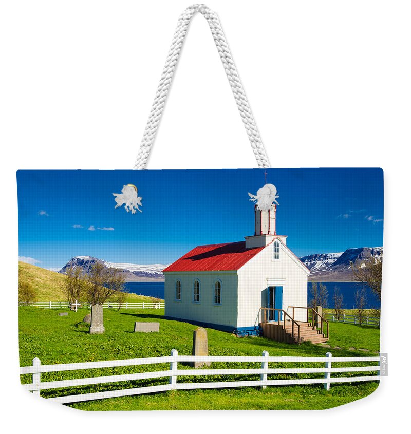 Iceland Weekender Tote Bag featuring the photograph Hrafnseyri church in Iceland by Matthias Hauser