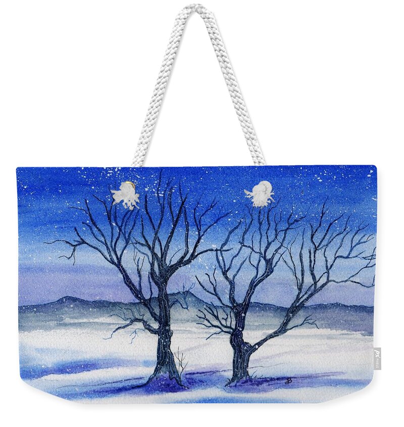 Watercolor Weekender Tote Bag featuring the painting Huddled on a Snowy Field. by Brenda Owen
