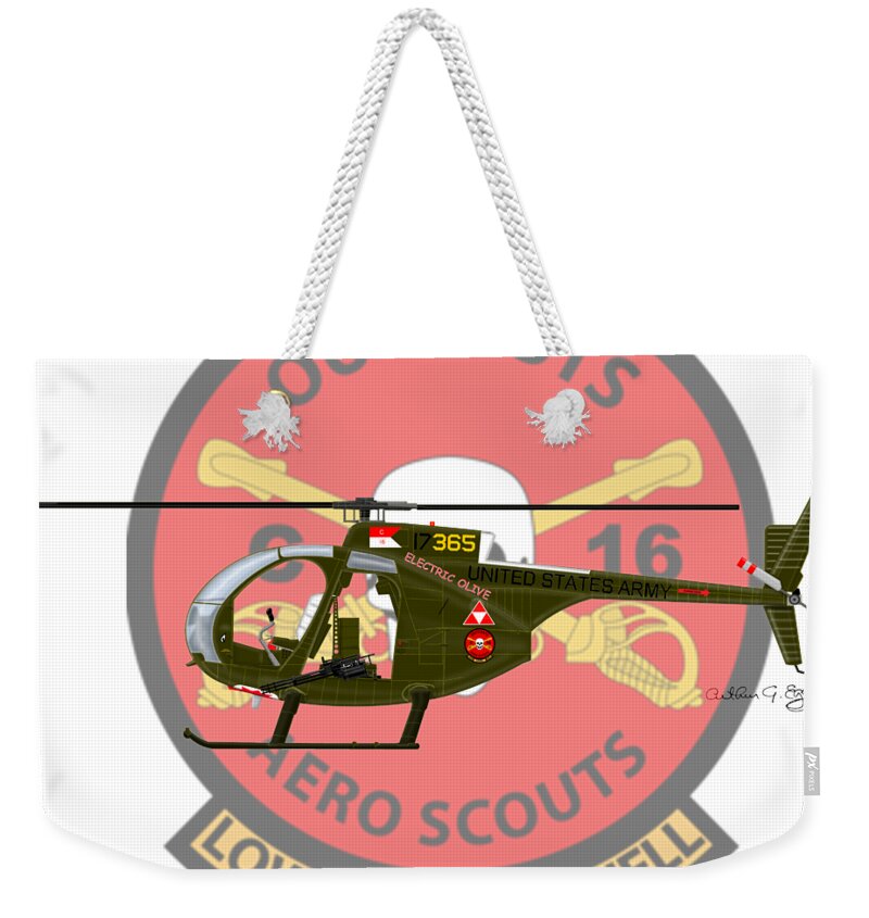 Hughes Weekender Tote Bag featuring the digital art Hughes OH-6A Electric Olive II by Arthur Eggers