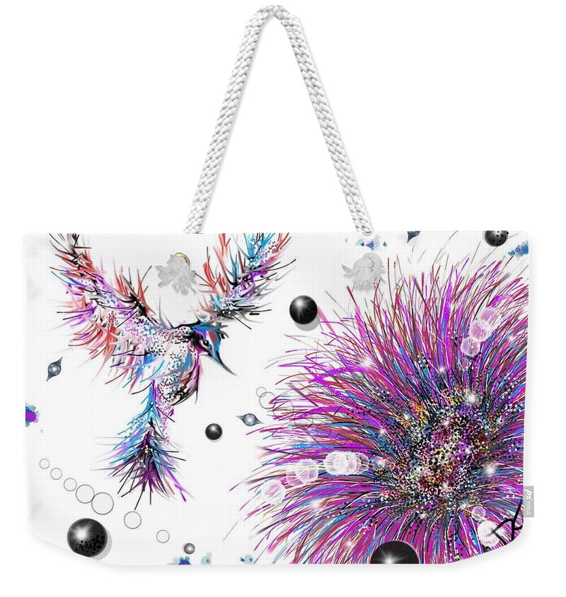 Bird Weekender Tote Bag featuring the digital art Humming bird and flower by Darren Cannell