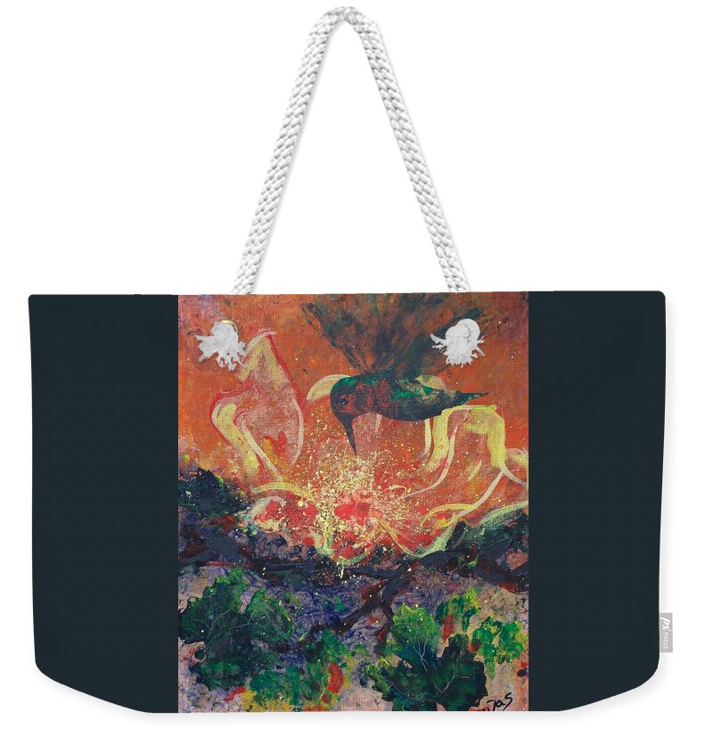 Humming Bird Over Flower Weekender Tote Bag featuring the painting Humming Bird by Thomas Dudas