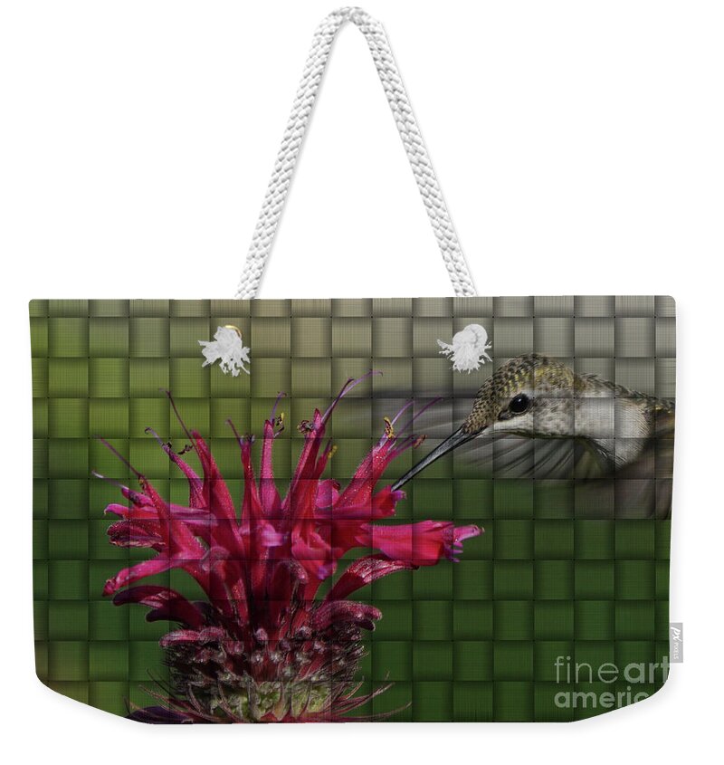 Hummingbird Weekender Tote Bag featuring the photograph Hummingbird and Bee Balm Woven Effect by Robert E Alter Reflections of Infinity