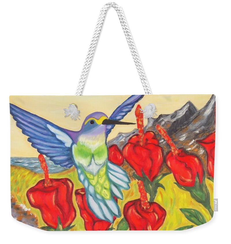 Hummingbird Weekender Tote Bag featuring the painting Nectar of Life - Hummingbird by Neslihan Ergul Colley