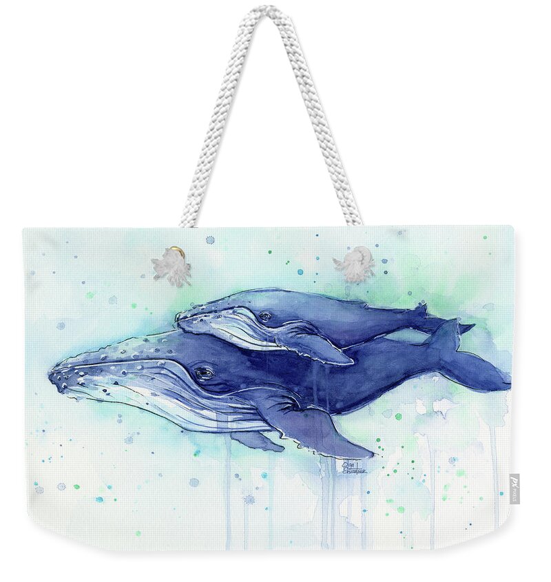 Whale Weekender Tote Bag featuring the painting Humpback Whale Mom and Baby Watercolor by Olga Shvartsur