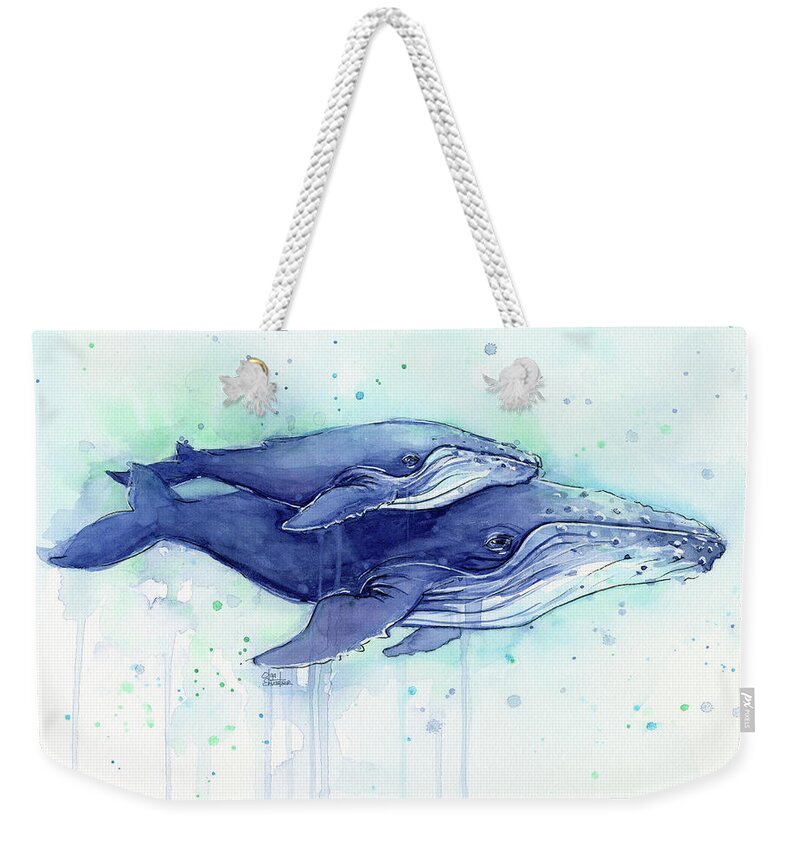 Whale Weekender Tote Bag featuring the painting Humpback Whales Mom and Baby Watercolor Painting - Facing Right by Olga Shvartsur