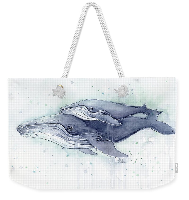 Whale Weekender Tote Bag featuring the painting Humpback Whales Painting Watercolor - Grayish Version by Olga Shvartsur