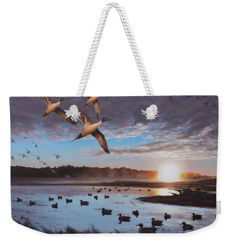 Duck Hunting Weekender Tote Bag featuring the painting Humphrey Farm Pintails by Glenn Pollard