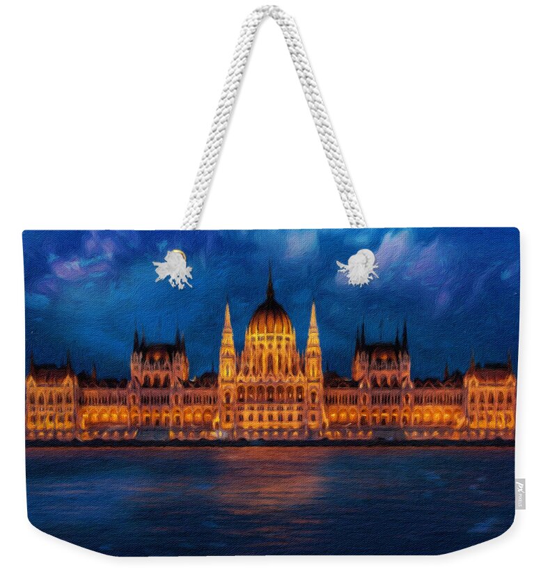 Architecture Weekender Tote Bag featuring the painting Hungarian Parliament at night by Vincent Monozlay