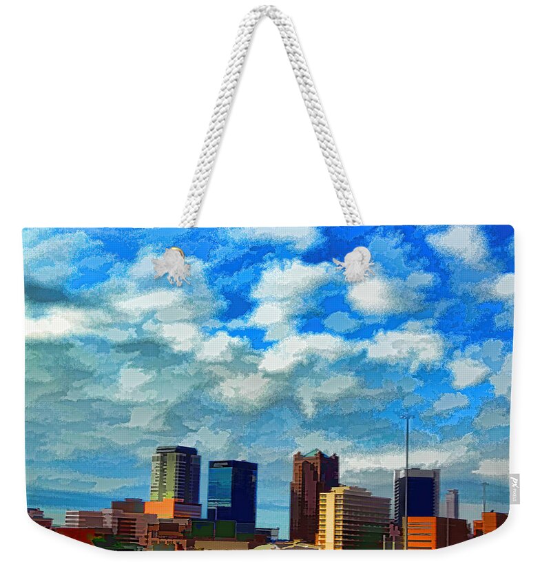 Huntsville Alabama Weekender Tote Bag featuring the mixed media Huntsville Alabama Skyline Abstract Art by Lesa Fine
