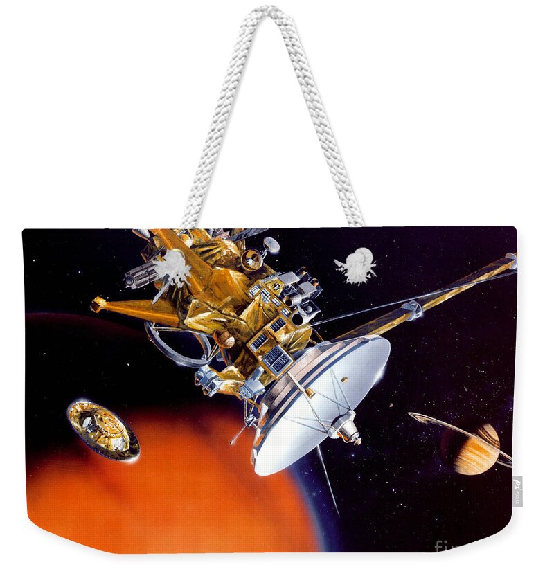 Cassini Spacecraft Weekender Tote Bag featuring the drawing Huygens Probe Separating by NASA and Photo Researchers